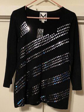 NWT - Marc Bouwer, black sweater w/large iridescent sequins, size L